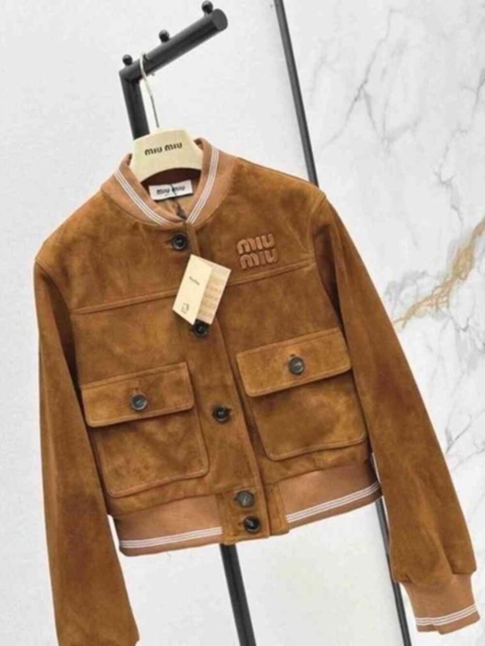 Miu Miu Brown Suede Cropped Bomber Jacket Logo Button Front Pockets - Picture 7 of 7